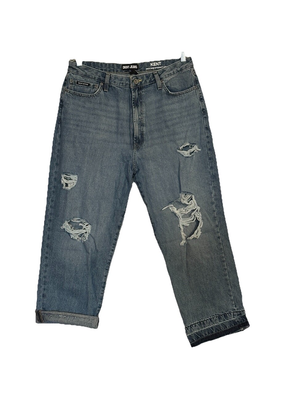 DKNY Women’s 14/32 Jeans Kent High Rise Straight Leg Distressed Ankle Blue Denim
